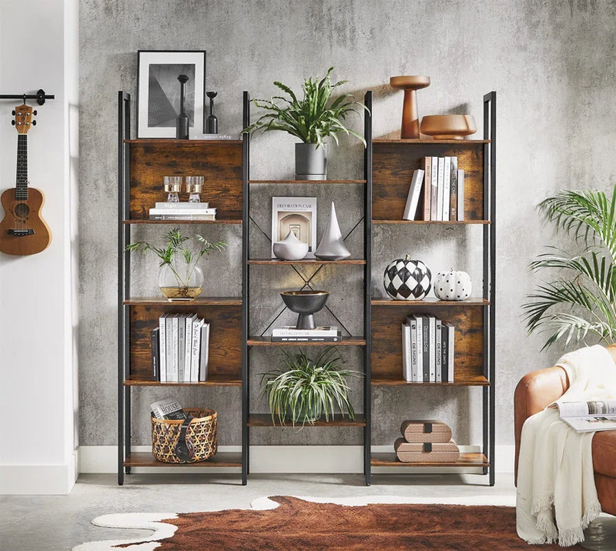 14-Tier Industrial Bookcase with Steel Frame, Large Open Shelving Unit
