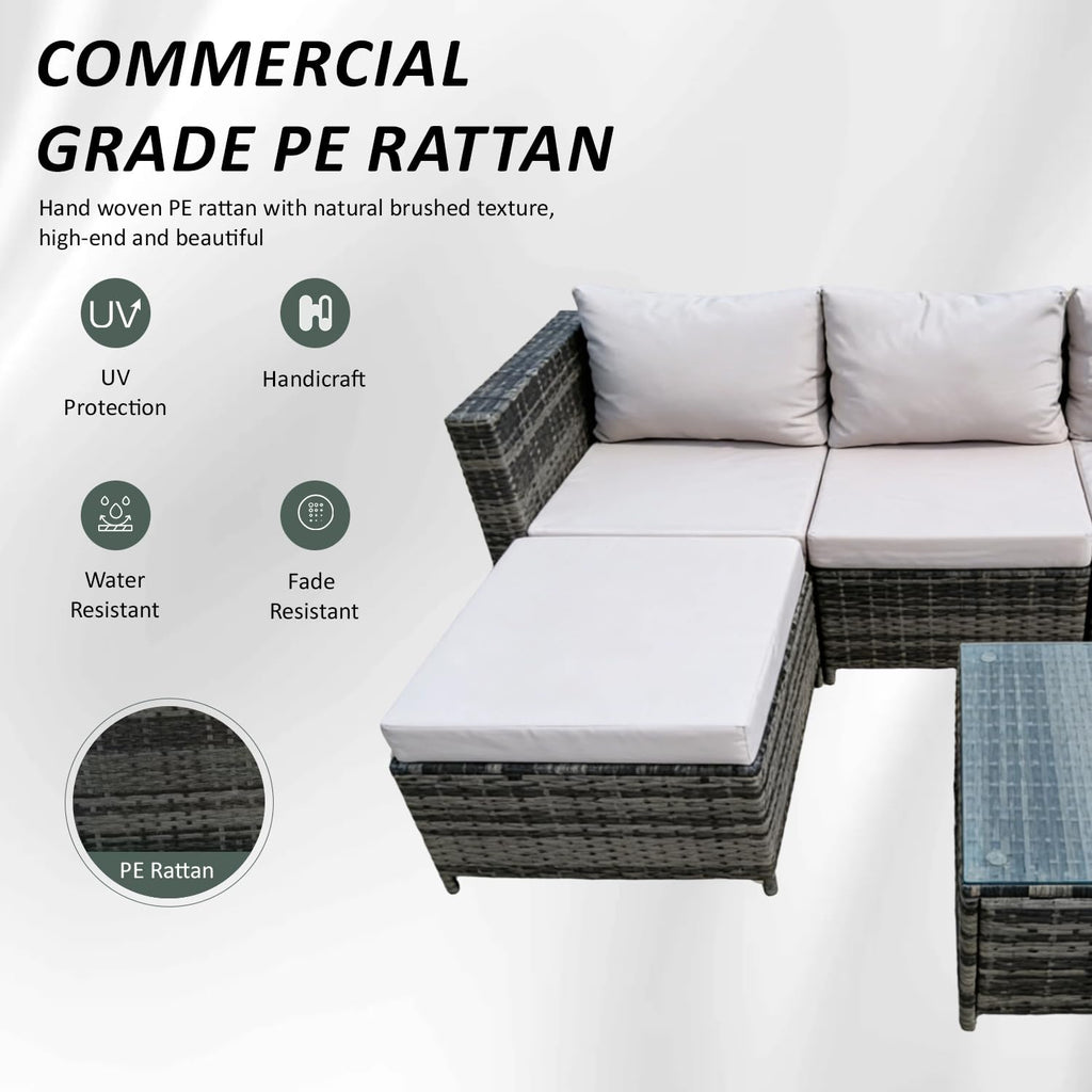 4 Seater Rattan Garden Corner Sofa Set with Ottoman & Glass Coffee Table Grey