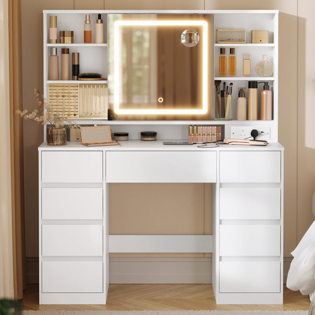 Dressing Table with LED Mirror & 10x Magnifying Mirror, 9 Drawers, Power Outlets, Cloud White