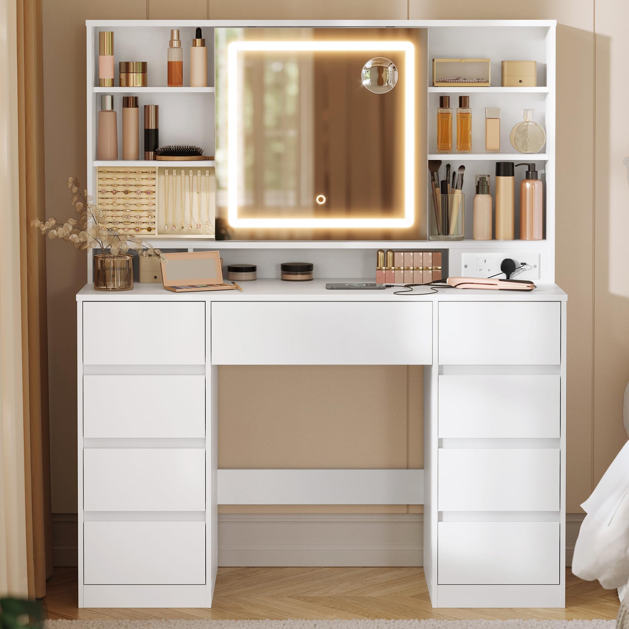 Dressing Table with LED Mirror & 10x Magnifying Mirror, 9 Drawers, Power Outlets, Cloud White