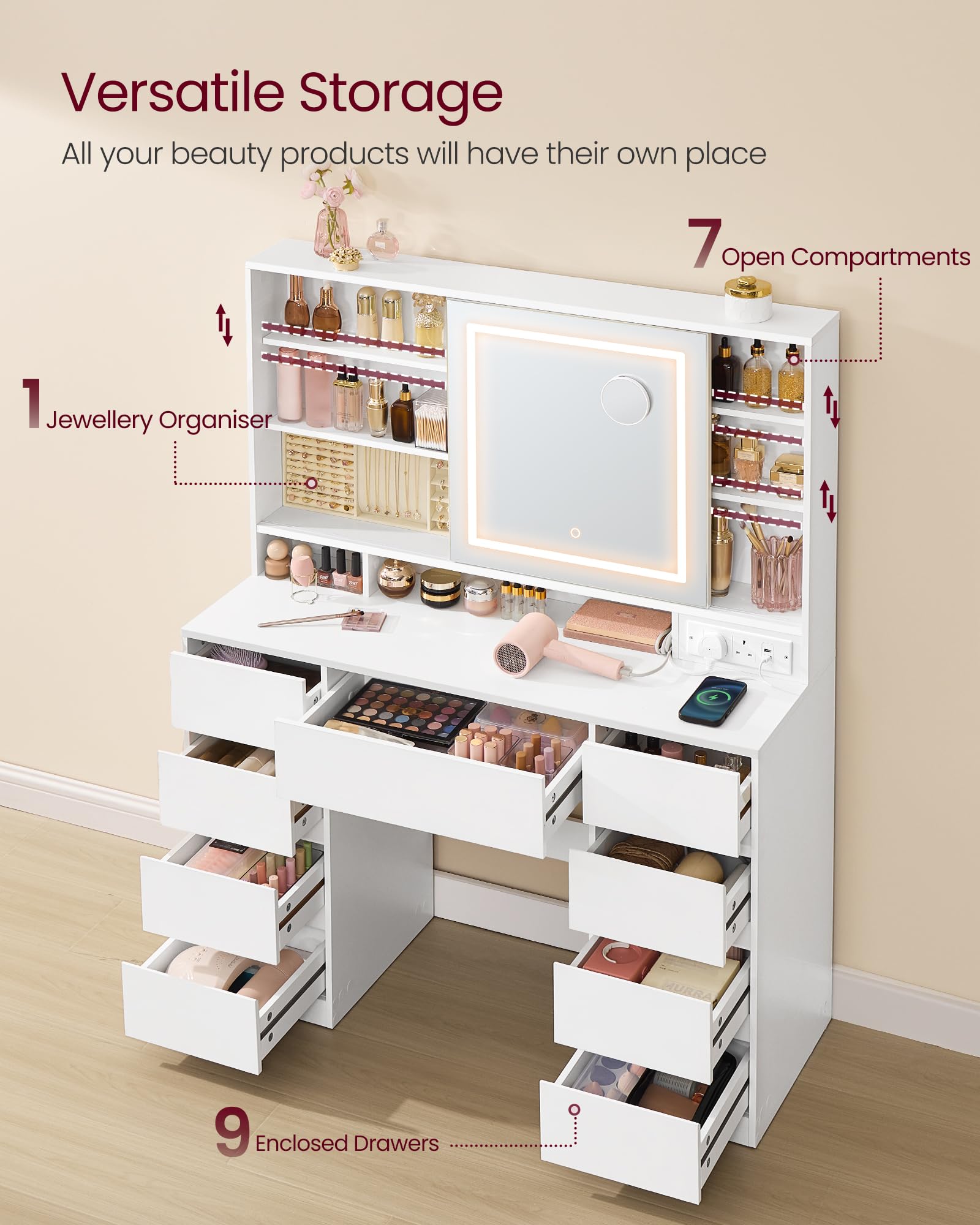 Dressing Table with LED Mirror & 10x Magnifying Mirror, 9 Drawers, Power Outlets, Cloud White