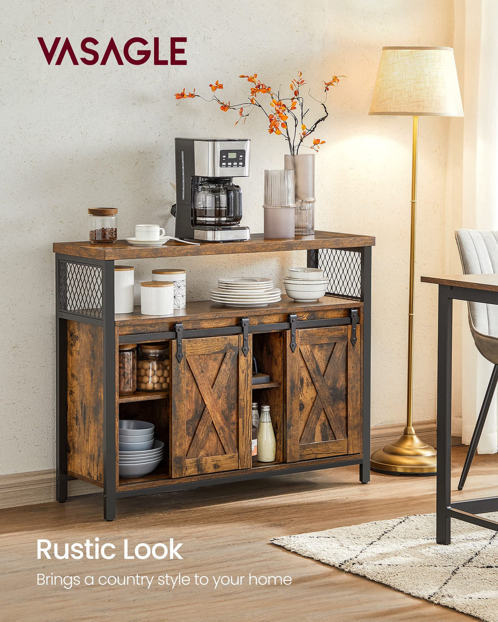 Sideboard with 2 Sliding Barn Doors, Adjustable Shelves, Kitchen & Living Room Cabinet, Rustic Brown & Black