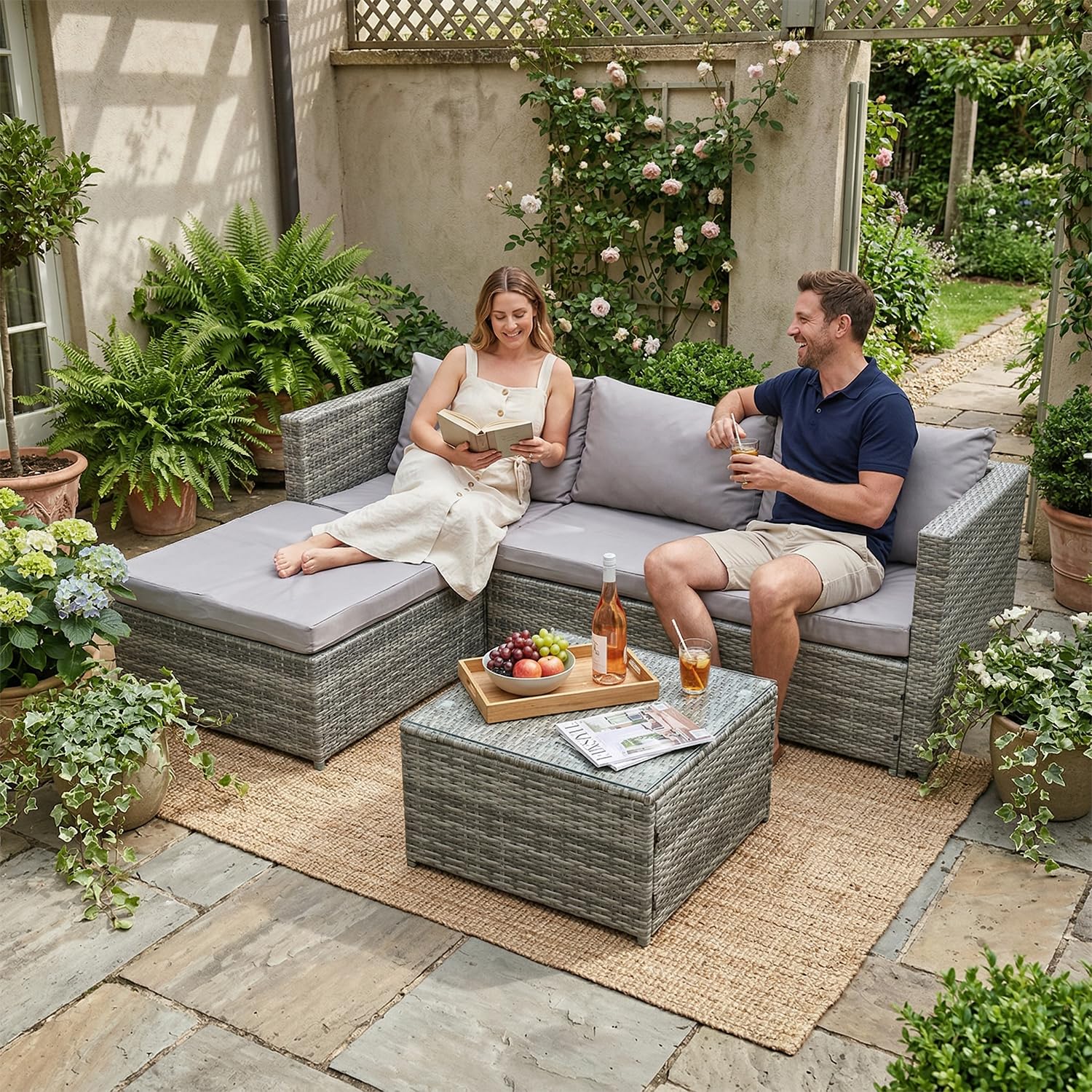 4 Seater Rattan Garden Corner Sofa Set with Glass Coffee Table & Cushions Grey
