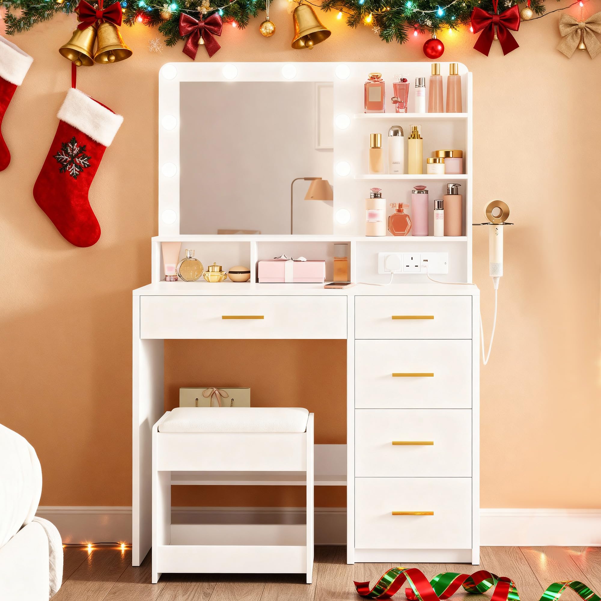 Dressing Table with Mirror & 3-Color LED Lights, 6 Storage Areas, Stool, White