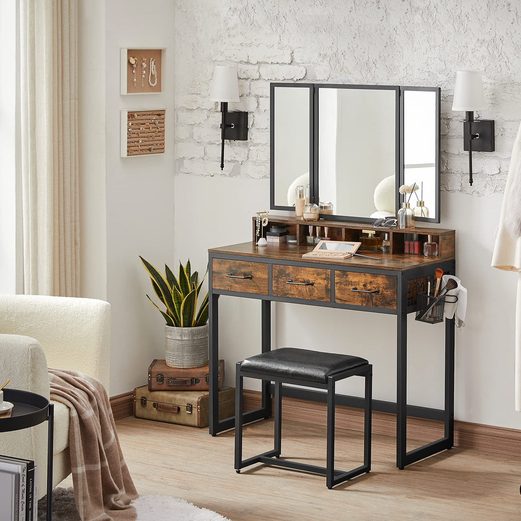 Dressing Table with Tri-Fold Mirror and Stool, 3 Drawers, Hair Dryer Holder, Industrial Rustic Brown & Black