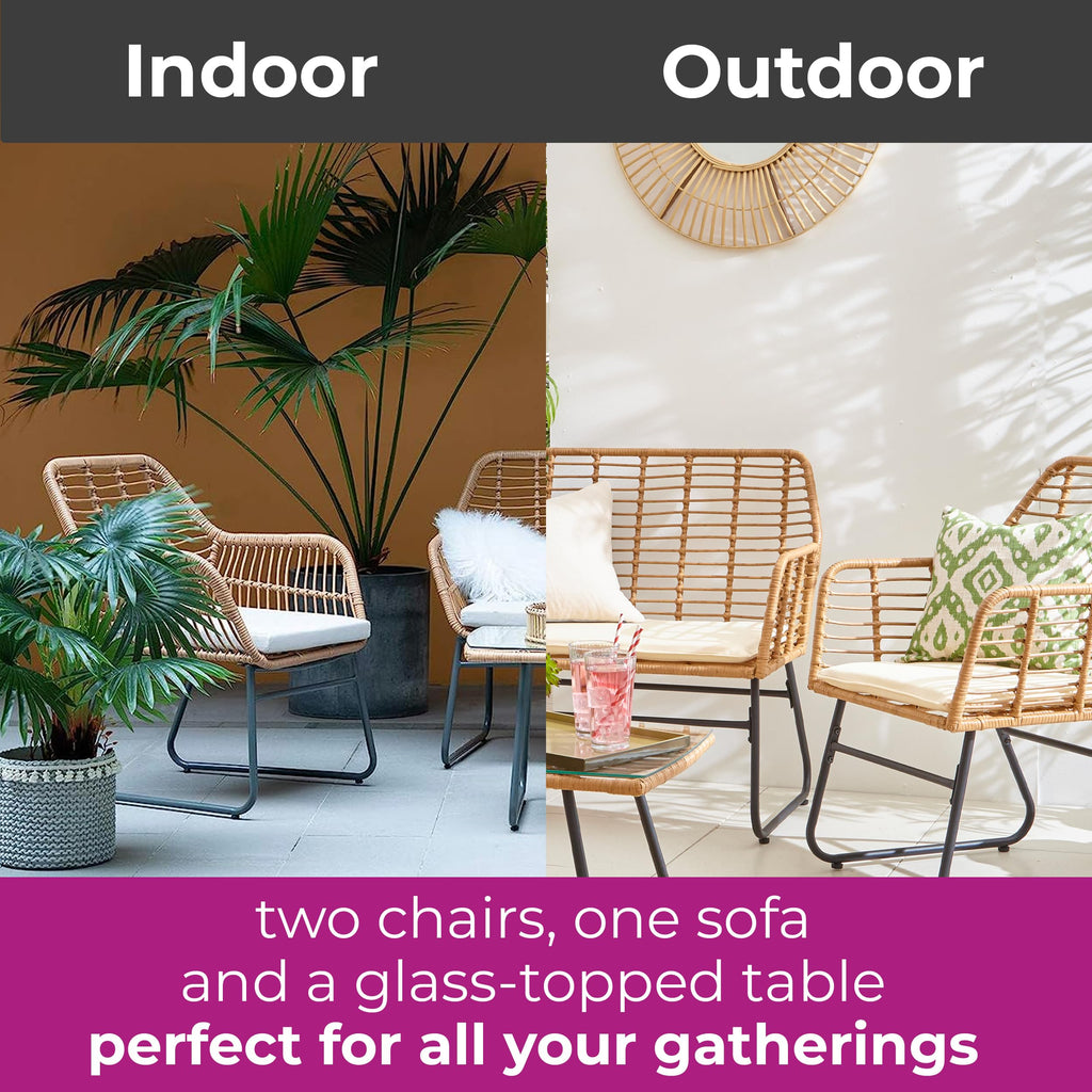4 Piece Rattan Garden Furniture Set with Sofa, Chairs & Glass Coffee Table Natural