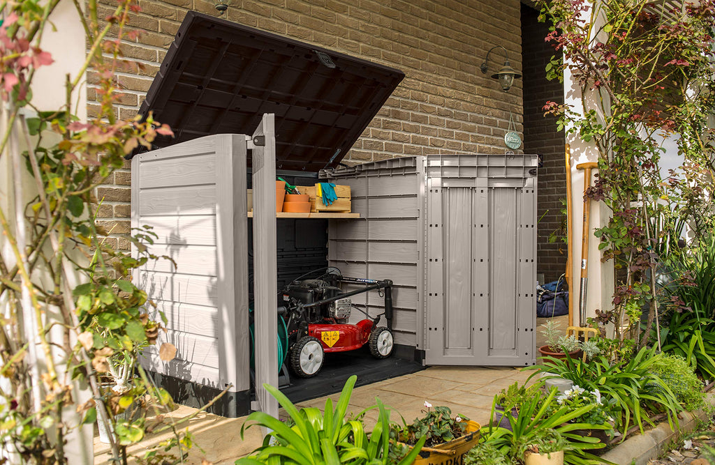 1200L Outdoor Garden Storage Shed with Piston Lid & Double Doors, Weather-Resistant Resin